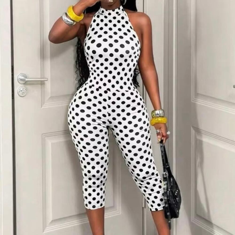 SHEIN BamGleam White Black Polka Dot Halter Jumpsuit Size S Capri Backless